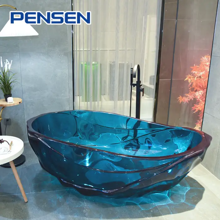 Pensen Luxury Royal Blue Resin Stone Bathtub Free Standing Latest Colour Resin Bathtub Soaking Resin Transparent Bathtub