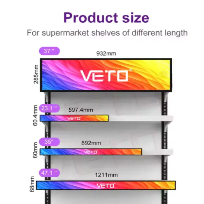 VETO 23.1 Inch Custom Size Supermarket Indoor Advertising Media Player Strip Ultra Wide Shelf Screen Stretch bar Lcd Display