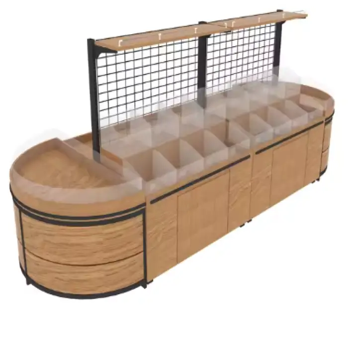 Supermarket Equipment Custom Made Wooden Bulk Food Display Shelf with Acrylic Organizer Bins for Sale