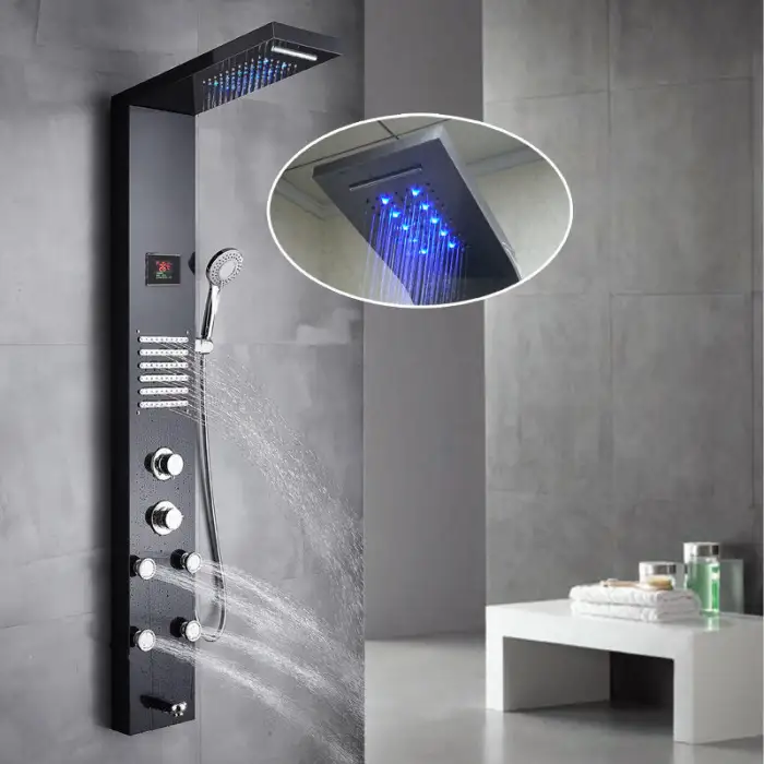 Luxury Black Color Thermostatic Led Rain Shower Bathroom Stainless Steel Wall Mounted Waterfall Shower