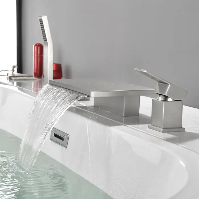 Bathroom 2 Functions Waterfall Deck Mount Hot Cold Water Mixer Bath Tub Faucet Four Holes Brushed Bathtub Faucet