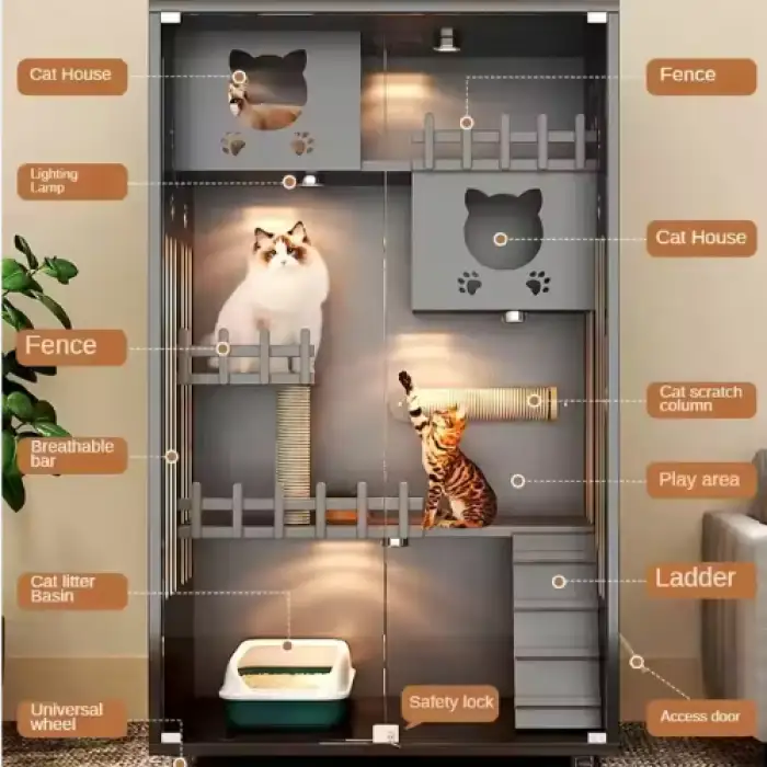 Retro Solid Wood Cat Cage for Living Room Cat House Two-layer One-piece Movable Light Luxury Creative Household Cage for Cats