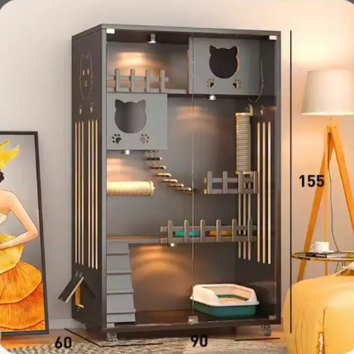 Retro Solid Wood Cat Cage for Living Room Cat House Two-layer One-piece Movable Light Luxury Creative Household Cage for Cats