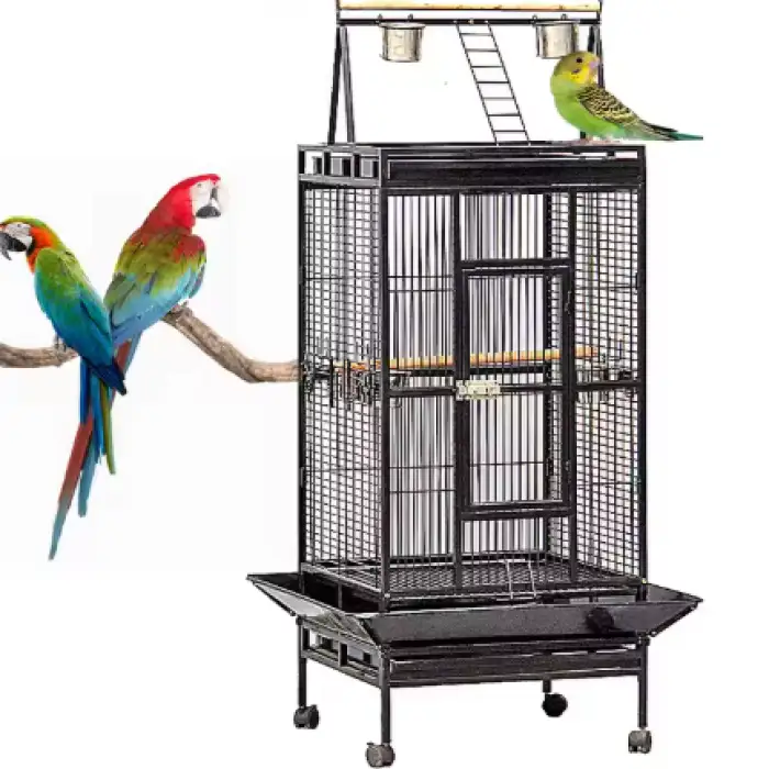 YOELLEN Wholesale Low Price Luxury Big Space Black Stainless Steel Metal Iron Parrot Canary Budgie Pet Bird Cage with Wheels