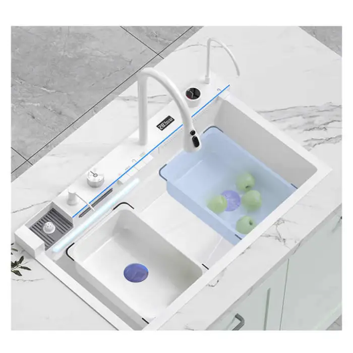 Multifunctional Large Handmade Undermount Farmhouse Sink Waterfall Rainfall Single Bowl White Kitchen Sink