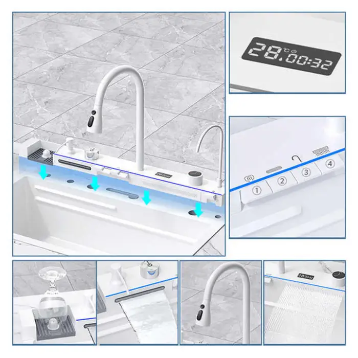 Multifunctional Large Handmade Undermount Farmhouse Sink Waterfall Rainfall Single Bowl White Kitchen Sink