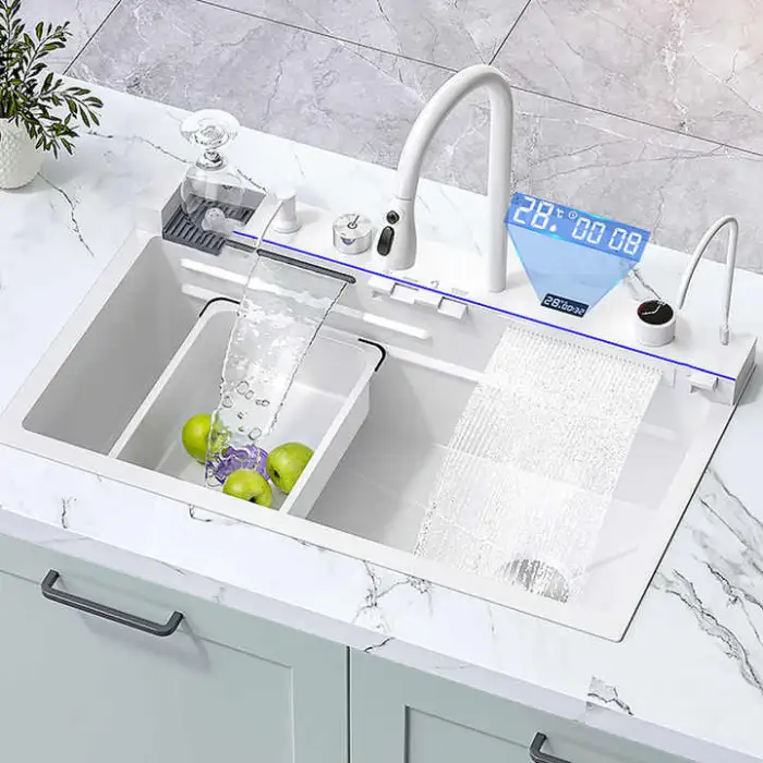 Multifunctional Large Handmade Undermount Farmhouse Sink Waterfall Rainfall Single Bowl White Kitchen Sink