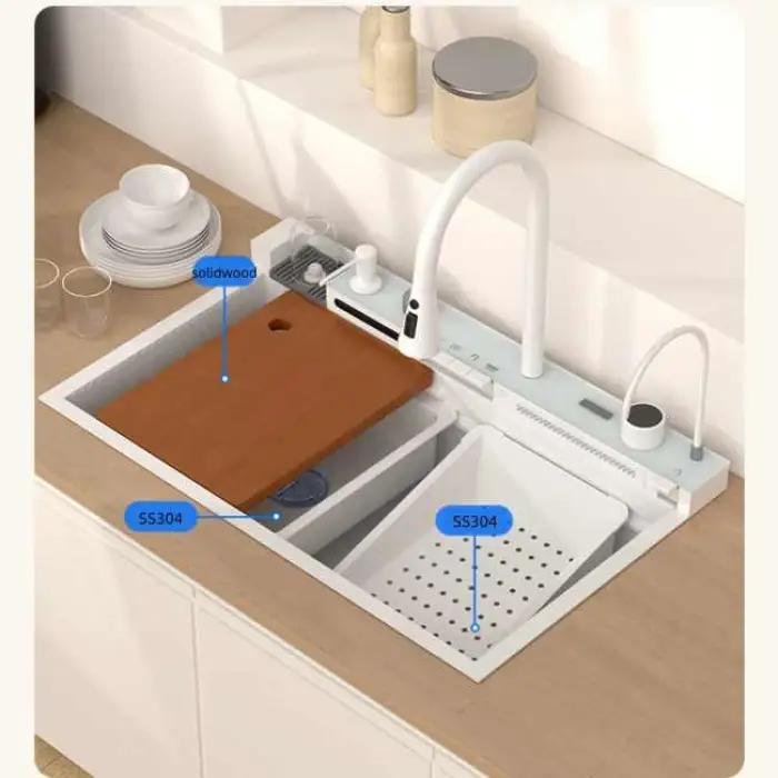 Multifunctional Large Handmade Undermount Farmhouse Sink Waterfall Rainfall Single Bowl White Kitchen Sink