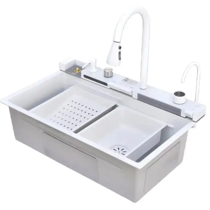 Multifunctional Large Handmade Undermount Farmhouse Sink Waterfall Rainfall Single Bowl White Kitchen Sink
