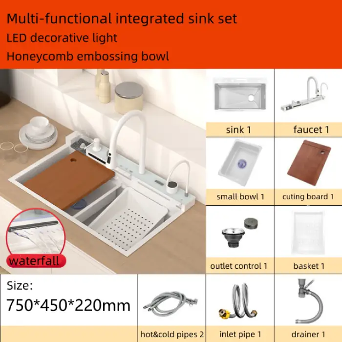 Multifunctional Large Handmade Undermount Farmhouse Sink Waterfall Rainfall Single Bowl White Kitchen Sink