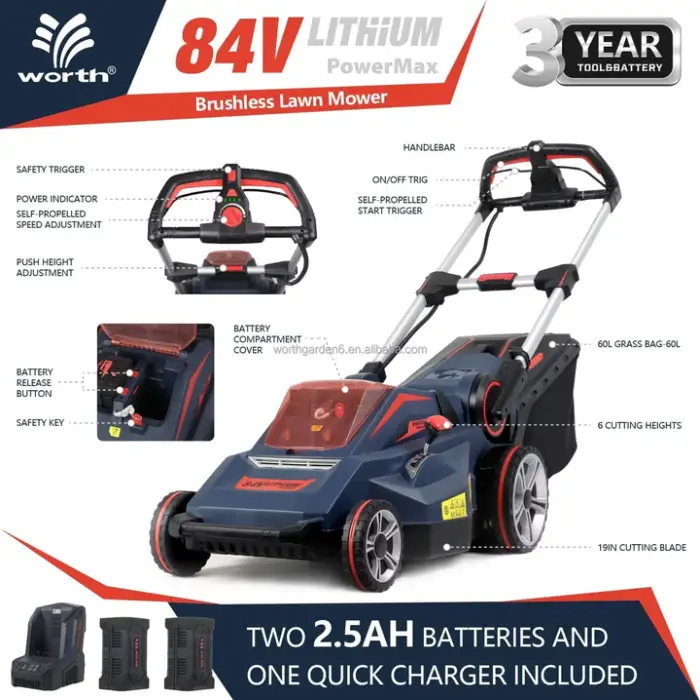 84V Electric Battery Lawn Mower Selfprolelled Ride Cutting Grass Machines Cordless Lawn Mower 84V Brushless Electric Lawn Mower