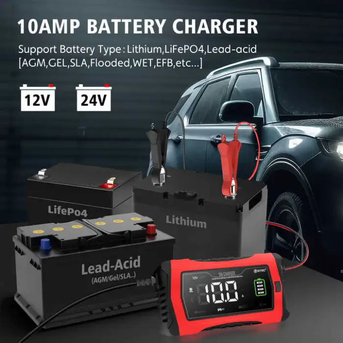 Car Battery Charger 12V 10A and 24V Fully-Automatic Trickle Charger Smart LCD Battery Maintainer Compensation for Car