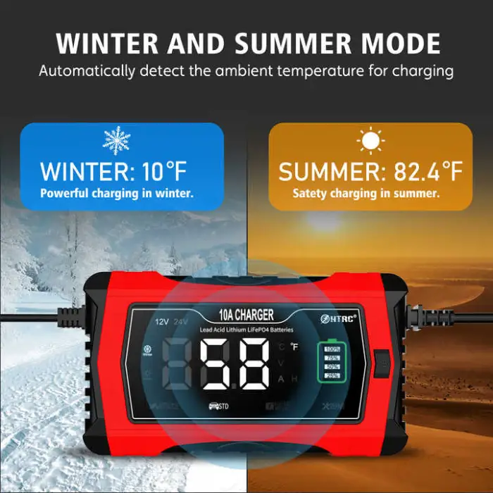 Car Battery Charger 12V 10A and 24V Fully-Automatic Trickle Charger Smart LCD Battery Maintainer Compensation for Car