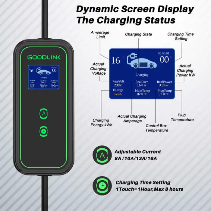Waterproof 16A 32A 40A Adjustable Type 2 1 GBT Portable EV Charger With LCD Screen for EVSE Car 7KW