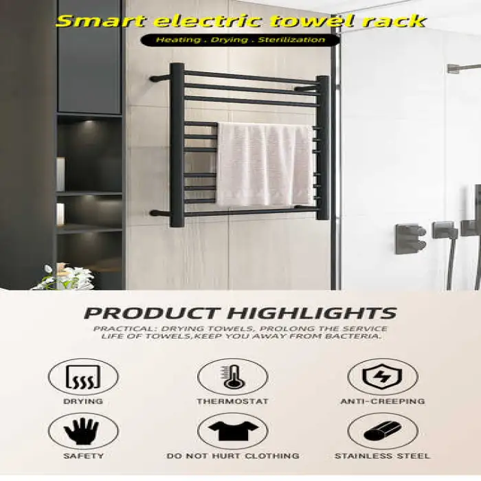 Black Towel Warmer Electric Heated Towel Rail Stainless Steel Bathroom Towel Warmer Heater With Timer 9005ST