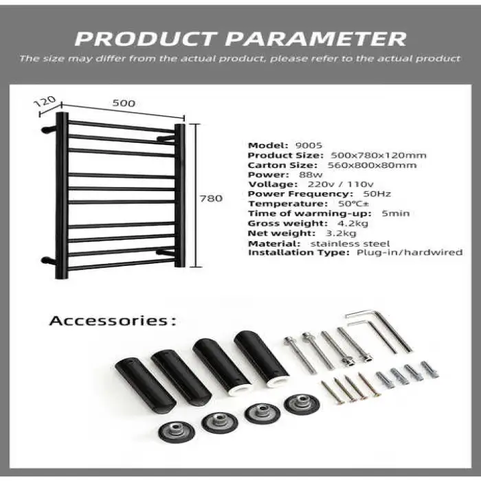 Black Towel Warmer Electric Heated Towel Rail Stainless Steel Bathroom Towel Warmer Heater With Timer 9005ST