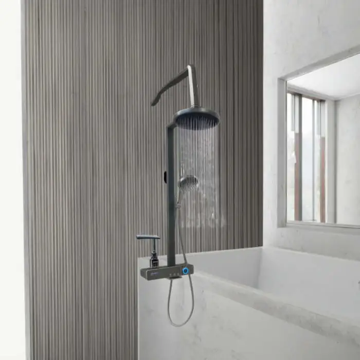 Top1 Contemporary Gray Piano Key Digital Display Shower System Thermostatic Bathtub Faucet Smart Shower Set Brushed Surface
