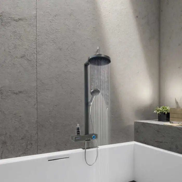 Top1 Contemporary Gray Piano Key Digital Display Shower System Thermostatic Bathtub Faucet Smart Shower Set Brushed Surface