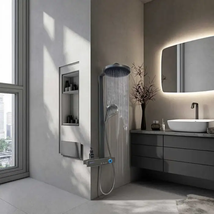 Top1 Contemporary Gray Piano Key Digital Display Shower System Thermostatic Bathtub Faucet Smart Shower Set Brushed Surface