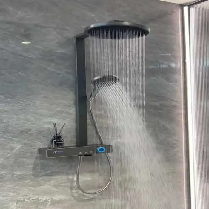 Top1 Contemporary Gray Piano Key Digital Display Shower System Thermostatic Bathtub Faucet Smart Shower Set Brushed Surface