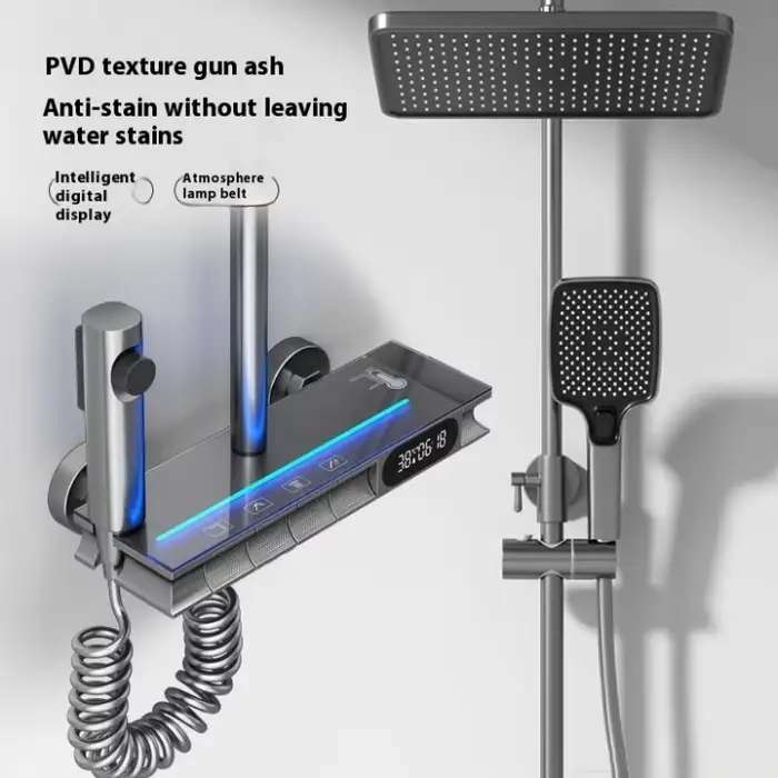 Smart LED Display Thermostatic 4 Way Diverter Rainfall Shower Set Exposed Brass Body Jet Faucet for Hotels Ceramic Valve