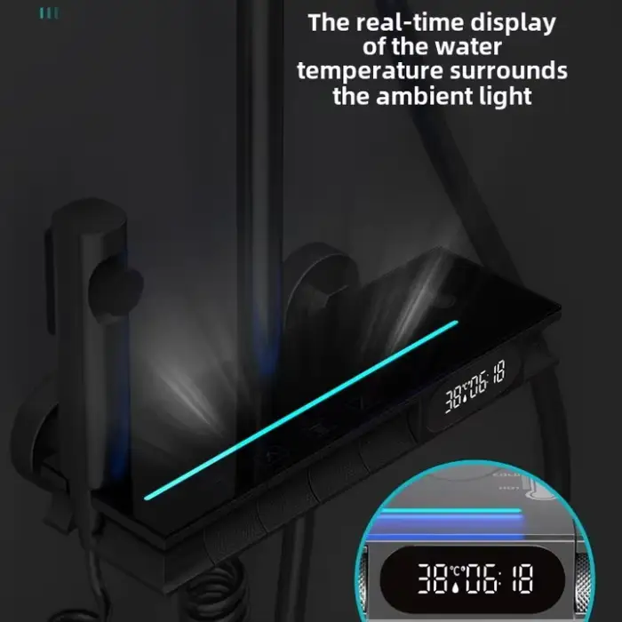 Smart LED Display Thermostatic 4 Way Diverter Rainfall Shower Set Exposed Brass Body Jet Faucet for Hotels Ceramic Valve