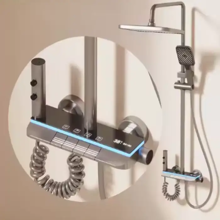 Ares Idealex Aluminum Multifunctional Wall Mounted Gun Metal LED Digital Shower Piano Keys Rain Shower Mixer Set