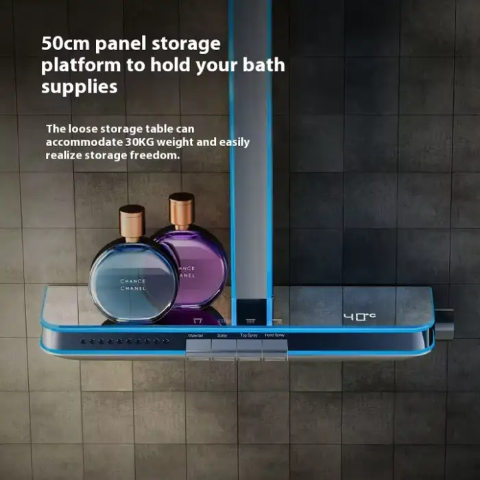 Multifunctional Brass Digital Display Waterfall Shower Head Full Body LED Light Shiny Massage Bathroom Set Soft Spray Brushed