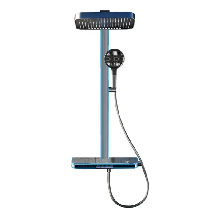 Multifunctional Brass Digital Display Waterfall Shower Head Full Body LED Light Shiny Massage Bathroom Set Soft Spray Brushed