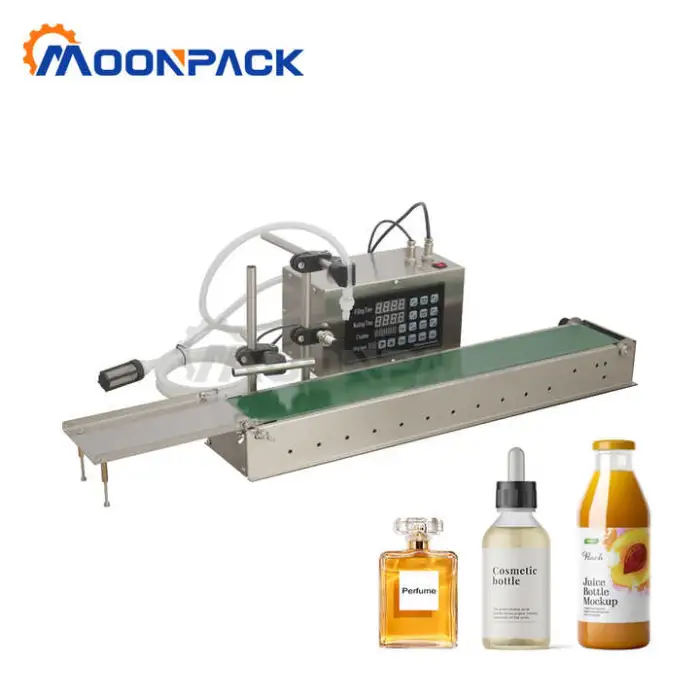 Moonpack Automatic Linear Digital Control Pump Small Liquid Oil Perfume Glass Bottle Filling Machine 100ml 250ml With Conveyor