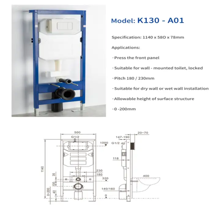 Wall Toilet Cistern Water Saving Plastic Wall Mount Toilet Flush tank