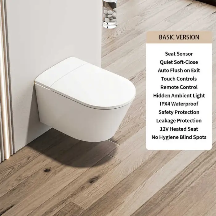 Wall-Mounted Smart Toilet with Sensor Heating Remote Control and Automatic Flush Elongated Bowl Seat on Leaving Seat