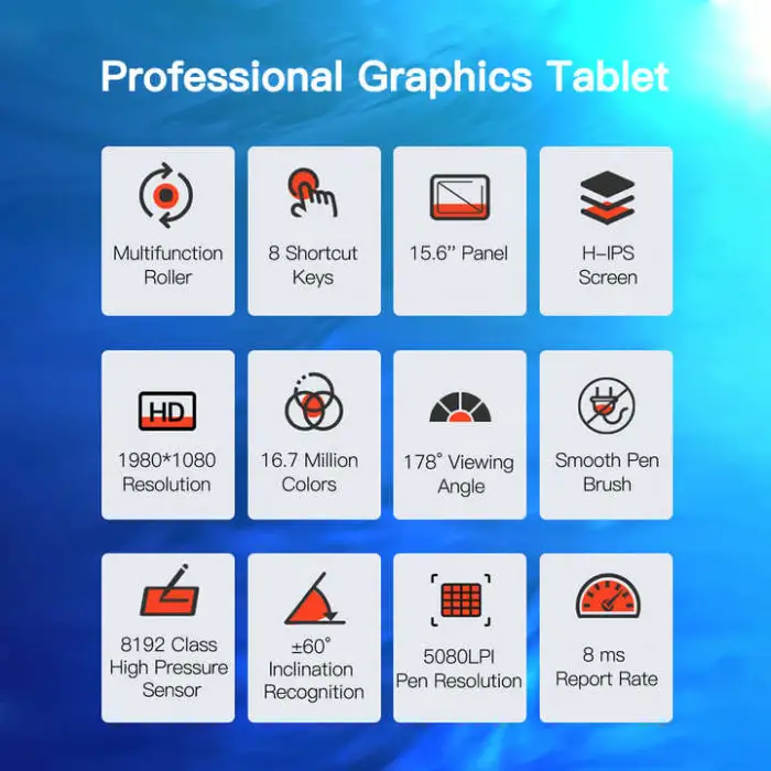 16HD Pro 15.6 Inch H-IPS LCD Graphics Drawing Tablet Display Digital Art Drawing Pad 8192 Pressure Level Battery-free Pen