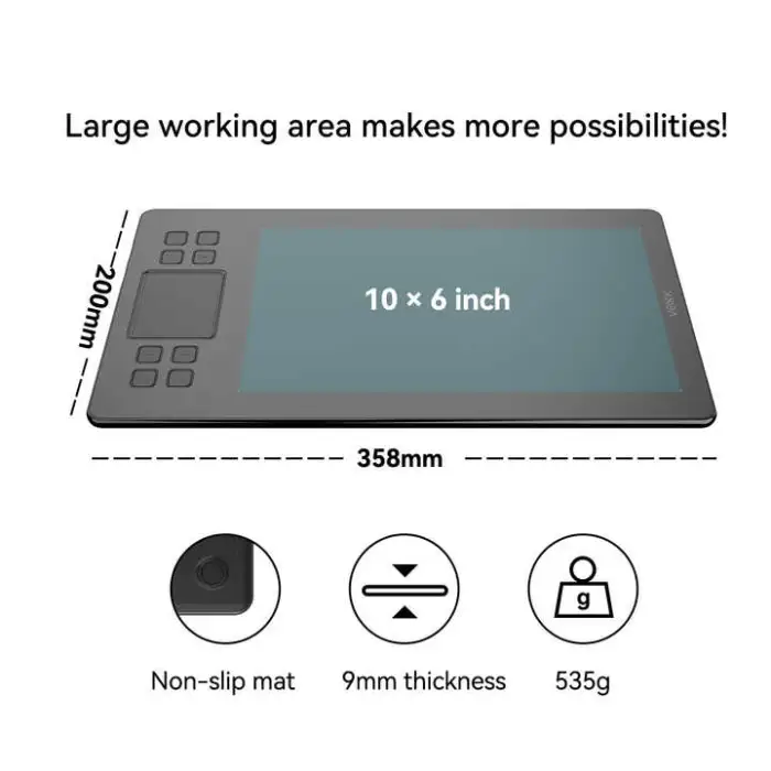 A50 Graphics Tablet Drawing Graphic Drawing Pen Design Tablet with 290pps USB-C 10 X 6 Inches 10 Mm Battery-free Pen P02