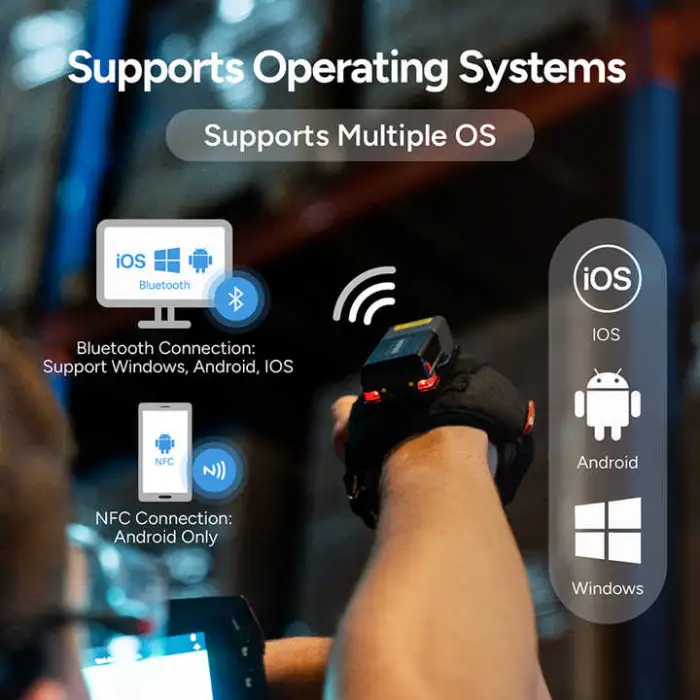 MS300R BT5.0 Wireless Hands Free NFC Wearable Scanner Portable Finger Scanner Mini Ring Barcode Scanners for Warehouse