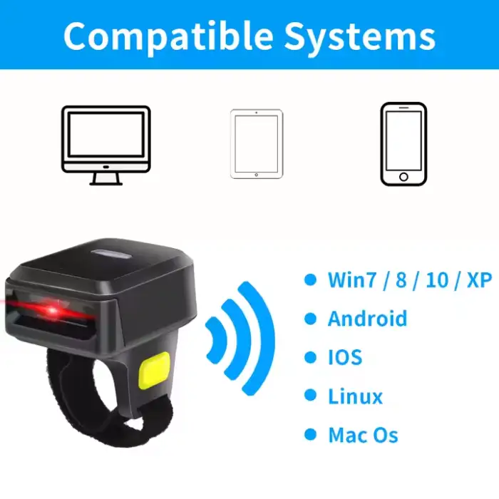 Portable Mini Wireless Scanner 2D Barcode QR Code Wearable Ring Design USB for Bluetooth RS232 Interface Deep Decode Scanning