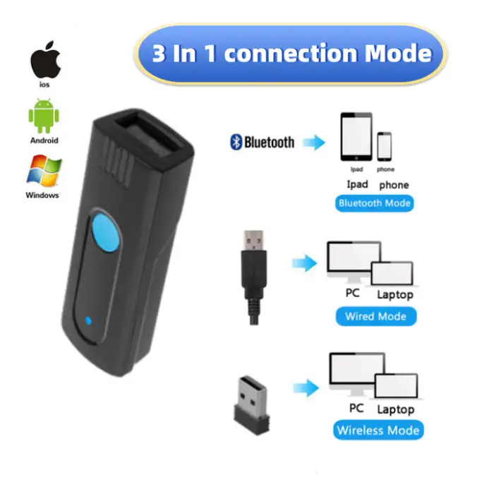 Portable Scanner Mini 1D Blue Tooth CCD Barcode Reader 2.4G Wireless Supports Instant Upload Storage Mode Pocket Code Reader
