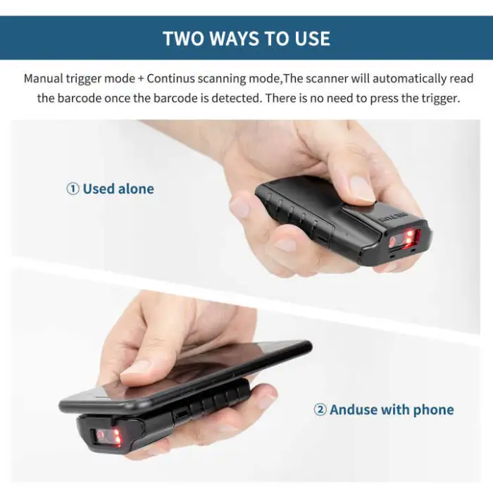 2D QR Bar Code Reader Wireless Handheld Blue tooth Barcode Scanner with Back Clip for Mobile Phone