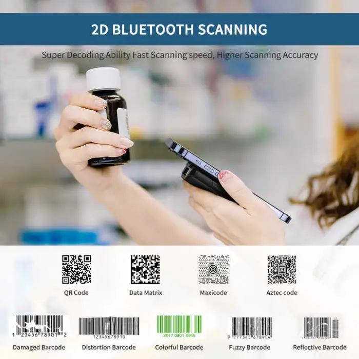 2D QR Bar Code Reader Wireless Handheld Blue tooth Barcode Scanner with Back Clip for Mobile Phone