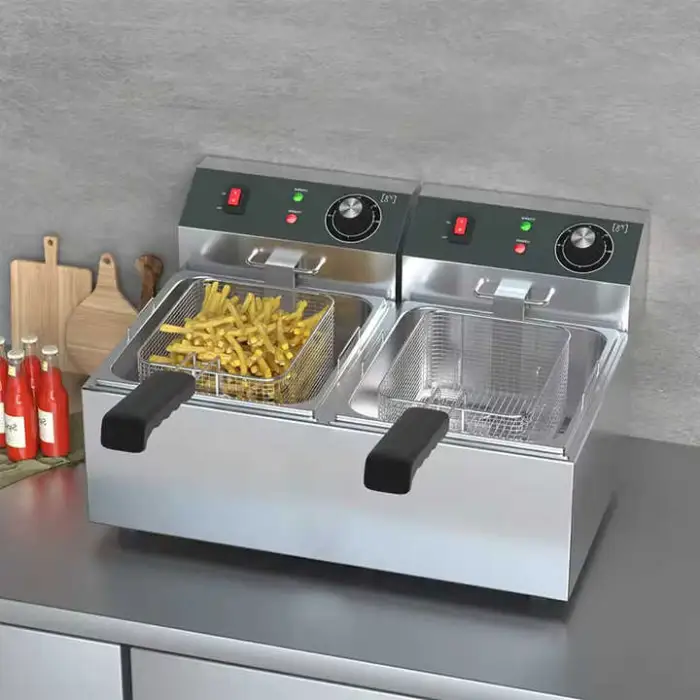 Commercial Electric Deep Fryer with Thickened Stainless Steel Rapid Heating Double Pot and Fishing Net 220v  Condition