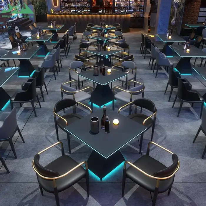 LED Light Dining Table and Armchair Set for Bar Cafe Lounge With Colorful Modern Booth Seating for Coffee Shop Use