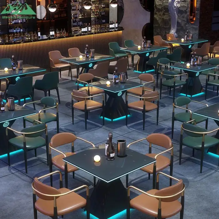 LED Light Dining Table and Armchair Set for Bar Cafe Lounge With Colorful Modern Booth Seating for Coffee Shop Use