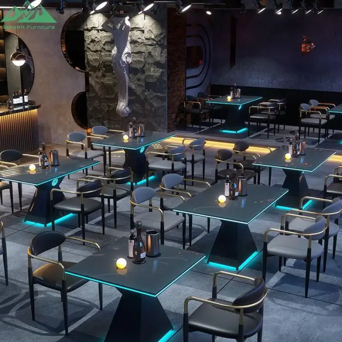 LED Light Dining Table and Armchair Set for Bar Cafe Lounge With Colorful Modern Booth Seating for Coffee Shop Use