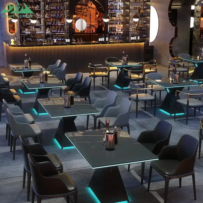 LED Light Dining Table and Armchair Set for Bar Cafe Lounge With Colorful Modern Booth Seating for Coffee Shop Use