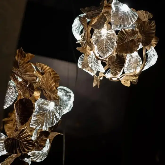 Custom Large Crystal Copper Chandelier Pure Copper Glass Art Modeling Lamp for Hotel Lobby Front Desk Room Pendant Lights