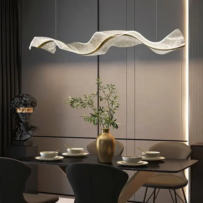 LED Gold Luxury Acrylic Wave Pendant Light Minimalist Restaurant Hotel Front Desk Chandelier Long Wave Design