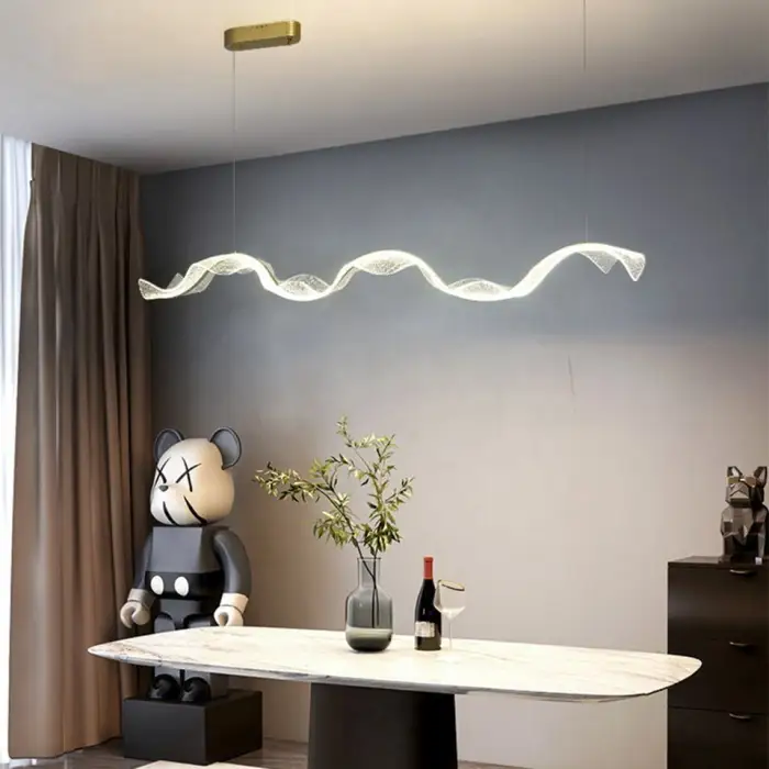 LED Gold Luxury Acrylic Wave Pendant Light Minimalist Restaurant Hotel Front Desk Chandelier Long Wave Design