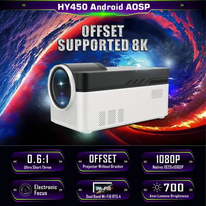 HY450 Smart Home Theater Projector Android 11 OS 700 ANSI Portable Education Business 3D Stereo Outdoor 4k Projector