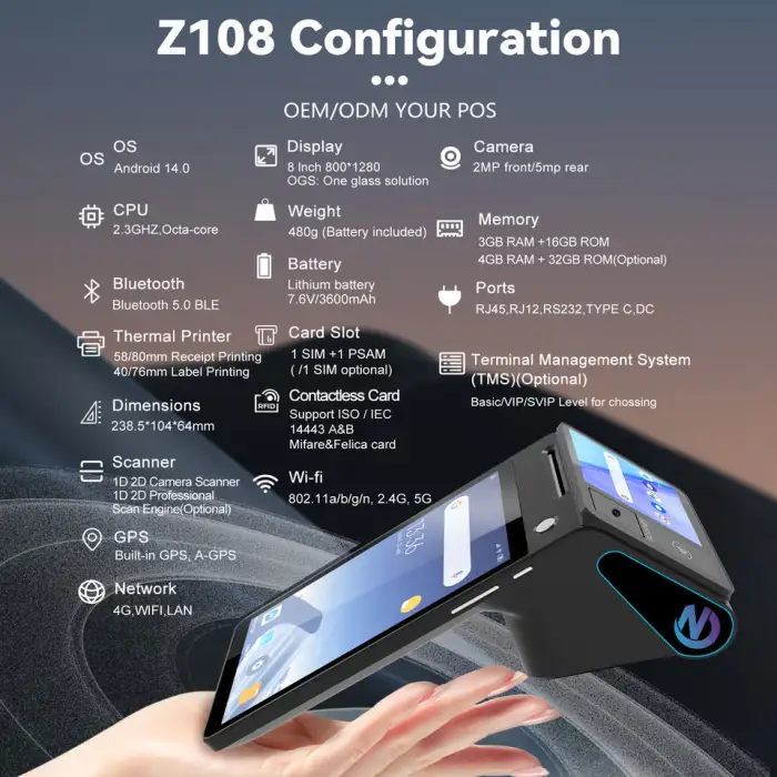 Mobile POS System Z108 Android 14.0 with Dual Screens and NFC Payment Solution