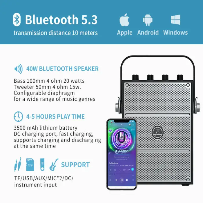 40W Portable Bluetooth Speaker Professional PA Speaker With Wireless Mic for Meeting Karaoke